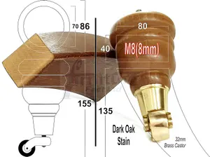 2x DARK OAK STAIN 155mm HIGH WOOD FURNITURE LEGS WITH BRASS CASTOR & 2 CURVED BACK FEET SETTEE CHAIRS, SOFAS M8 TSP2007