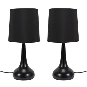 Pair - Black Teardrop Touch Dimmer Table Lamps with Black Shade for Bedside Table Bedroom Light - LED Bulbs Included