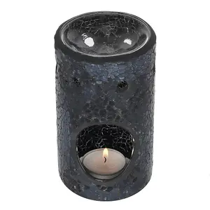 Black Glass Pillar Shaped Oil, Wax Melt Burner. Mirrored Crackle Effect. H14.5 cm