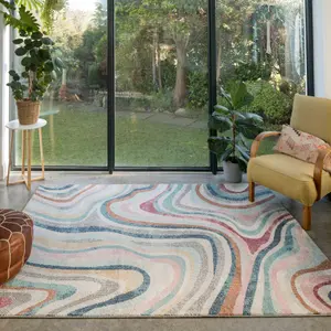 Grooved Lines Retro Milticoloured Pastel Fireside Living Area Rug 190cm x280cm