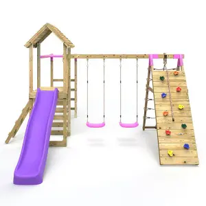 Rebo Wooden Climbing Frame with Swings, Slide, Up & over Climbing wall and Monkey Bars - Dolomite Pink