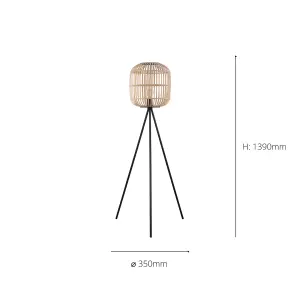 EGLO Bordesley Natural Wood and Black Metal Tripod Floor Lamp - Modern Design (D) 35cm