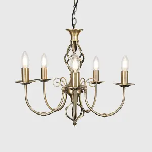 ValueLights Memphis Style Antique Brass Barley Twist 5 Way Ceiling Light Chandelier with 5 4w SES E14 LED Cool White Bulb