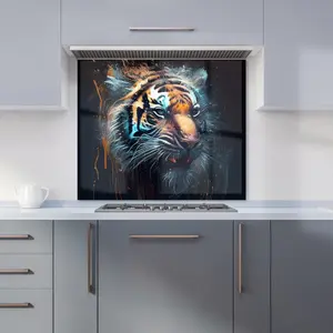 Tiger Face Splashart Dark Background Premium Glass Kitchen Splashback W600mm x H600mm