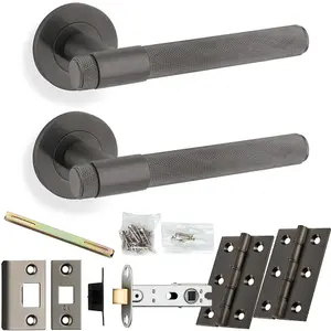 Door Handle & Latch Pack - Dark Bronze - Modern Knurled Bar Lever On Round Rose