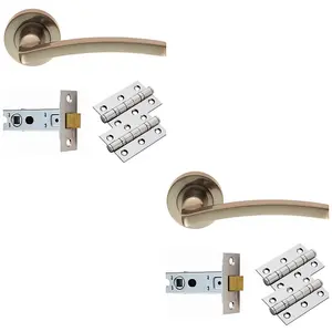 2 PACK - Door Handle & Latch Pack Set- Satin Nickel Slim Curved Screwless Round Rose Kit