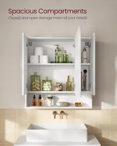 VASAGLE Bathroom Mirror Cabinet, Cabinet with Mirror, Wall Mirror Cabinet, Open Compartment, Adjustable Shelves, Cloud White