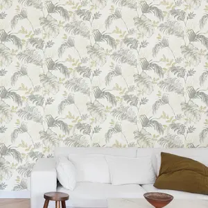 Grandeco Allison Palm Leaf Foliage Blown Vinyl Wallpaper, Grey White