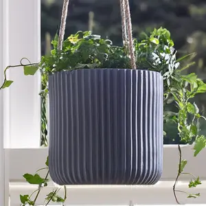 Small Blue Rippled Finish Hanging Planter Indoor Outdoor Flower Plant Pot Houseplant Garden Planter