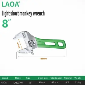 LAOA 320708, stubby wide opening jaws adjustable wrench 143mm long soft grip