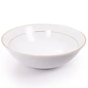 Set of 4 Durable White Ceramic Dinner Bowls with Dual Shiny Gold Plated Rims