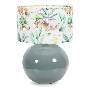 ValueLights Bosco Eucalyptus Ceramic Table Lamp with Tropical Print Drum Shade - LED Bulb Included