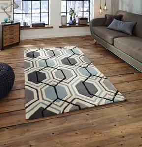 Grey/Blue Handmade Modern Geometric Easy to clean Rug for Bedroom & Living Room-150cm X 230cm