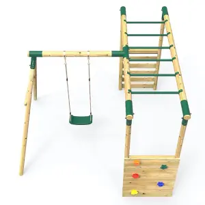 Rebo Wooden Garden Children's Swing Set with Extra-Long Monkey Bars - Single Swing - Solar Green