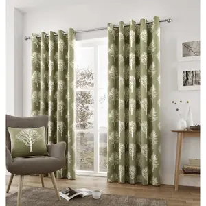 Woodland Trees Motif 100% Cotton Ready to Hang Eyelet Curtains