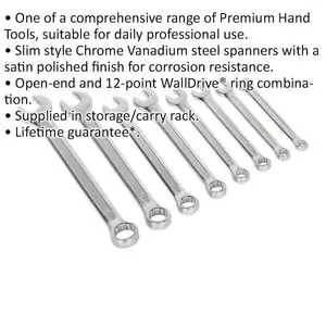 8-Piece Slim Handled Metric Spanner Set with 12-Point Design and Carry Rack