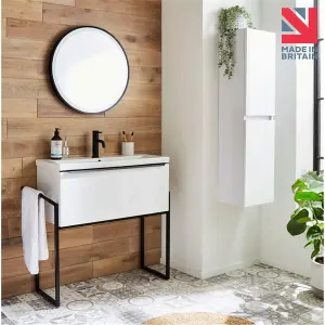 Bathroom 800mm Wall Mounted Drawer Unit, Ceramic Basin & Frame  Sonoma Oak - (Central) - Brassware Not Included