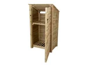 Wooden log store (roof sloping back) with door and kindling shelf W-99cm, H-180cm, D-88cm - natural (light green) finish