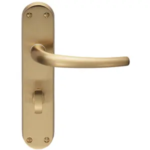 Rounded Sleek Bathroom Latch Door Handle - Satin Brass Lever On Backplate