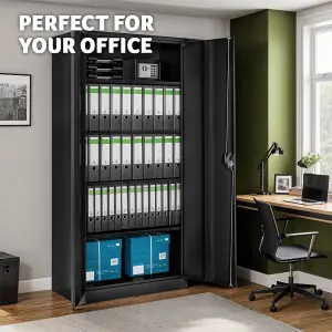 Filing Cabinet Blain - 4 height-adjustable shelves, 2 lockable doors, 180 x 80 x 40 cm - black