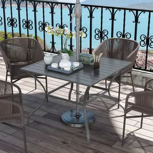 Outsunny Garden Table with Parasol Hole for Four, Slatted Metal Plate Top Grey