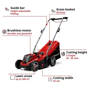 Einhell 33cm Cordless Lawnmower 18V Rotary PXC With Battery And Charger 30L Grass Box BRUSHLESS GE-CM 18/33 Li Kit