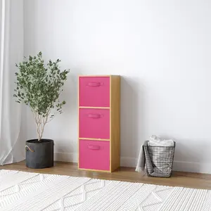 URBNLIVING 80cm Height 3 Cube Beech Wooden Shelves Cubes Cupboard Storage Units With Dark Pink Drawer Insert