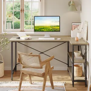 L-Shaped Desk (120 or 140cm x 90cm) Corner Desk with Adjustable Shelves by Aliff Oak / 74cm H x 140cm W x 90cm D