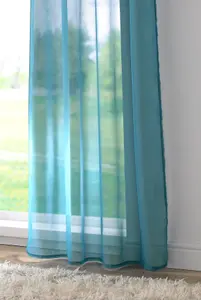 Elegant Plain Voile Curtain Panels PAIR with FREE Tie Backs 150cm x 137cm Teal