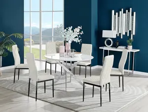 Furniturebox UK Novara White High Gloss 120cm Round Dining Table & 6 Cream Velvet Milan Black Leg Chairs