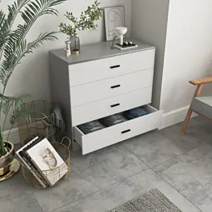 URBNLIVING Height 90.5cm 5 Drawer Wooden Bedroom Chest Cabinet Grey Carcass and  White Drawers Modern Wide Storage Cupboard Closet