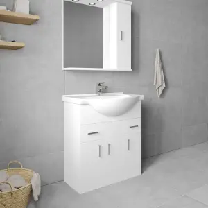 3 Door 2 Drawer Bathroom Vanity Basin Unit with Round Basin - 750mm - Gloss White