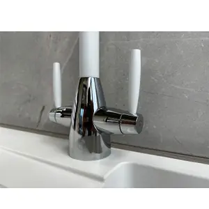 Liquida LC02WH Swan Neck Twin Lever Chrome and White Kitchen Mixer Tap