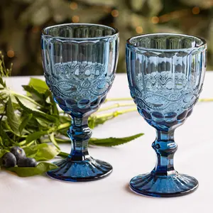 Set of 2 Vintage Luxury Sapphire Blue Drinking Wine Glass Wine Goblets 350ml