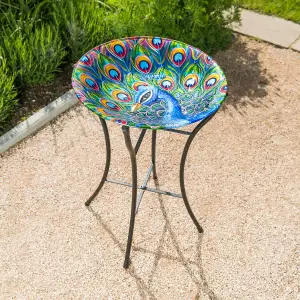 Glass Bird Bath Garden Outdoor Decoration Metal Stand Hand Painted Peacock Christow