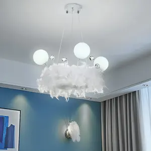 Feather Chandelier LED Pendant Light with Crystal Balls in White Light