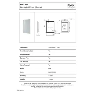 RAK Cupid 500x700 Silvery White Square with Touch Sensor Illuminated Mirror IP44