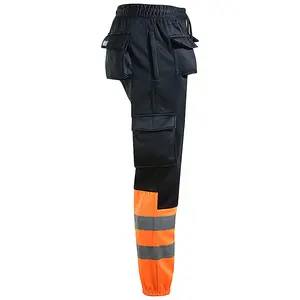 MS9 Mens Hi Viz Vis High Visibility Fleece Cargo Work Trousers Joggers Pants, Black and Orange - S