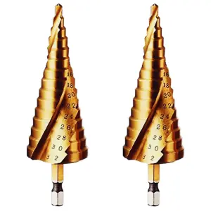 Rennie Tools Pack Of 2 x 4-32mm HSS Spiral Flute Step Drill Bit Titanium (TiN) Coated Cone / Hole Cutter For Steel Plastics & Wood