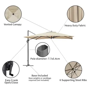 3M Large Square Canopy Rotatable Tilting Garden Rome Umbrella Cantilever Parasol with Cross Base, Beige