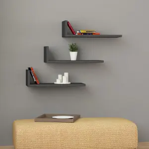 Decortie L-Shape Wall-Mounted Floating Shelf Set 3-Piece Modern Display Unit Anthracite Grey 50x20x14cm