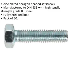 50 Pack of M5 x 20mm Grade 8.8 Zinc Fully Threaded Setscrews - DIN 933 Quality