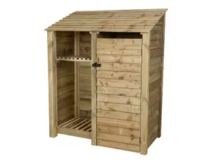 Wooden tool and log store, garden storage with shelf W-146cm, H-180cm, D-88cm - natural (light green) finish