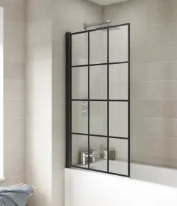 Black Grid Reversible Hinged Shower Bath Screen with 6mm Toughened Safety Glass