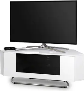 Homeology Hampshire Corner-Friendly Gloss White with Black Glass Beam-Thru Remote Friendly Door up to 50" Flat Screen TV Cabinet