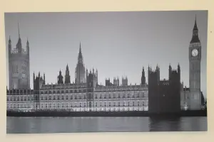 Garden Market Place Large Big Ben & Houses of Parliament Canvas Picture Print With 15 LED Lights - Black and White