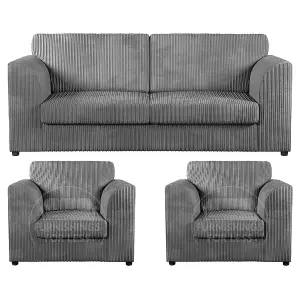 Luxor Jumbo Cord 3 + 1 + 1 Fabric 3 Piece Sofa Suite - Fullback Grey