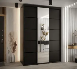 Modern Black Mirrored Cannes V Sliding Wardrobe H2050mm W1700mm D600mm with Custom Black Steel Handles