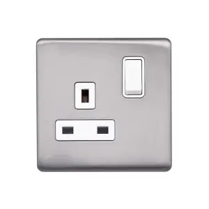 Brushed Chrome Screwless Plate  13A 1 Gang Switched Plug Socket, Double Pole - White Trim - SE Home