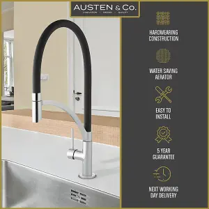 Austen & Co. Madrid Brushed Chrome With Black Pullout Spray Hose Kitchen Mixer Tap. Single Lever Handle & 360 Degree Spout